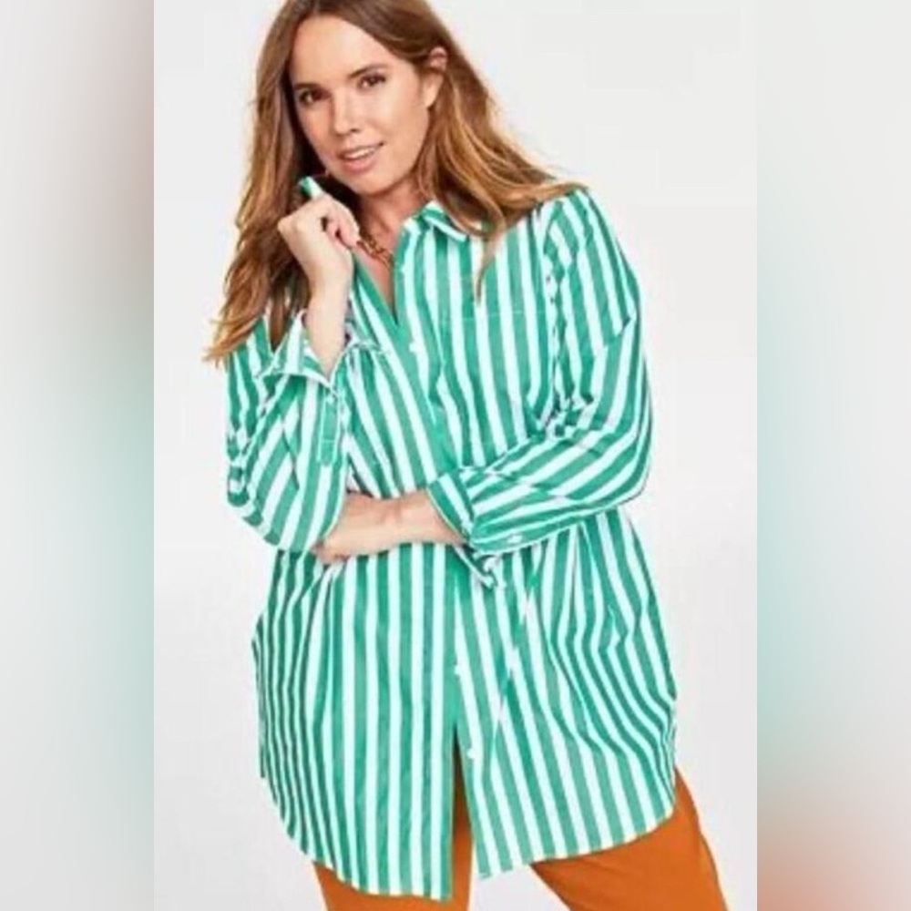 On 34th Green and White Striped Button-Up Oversize Shirt